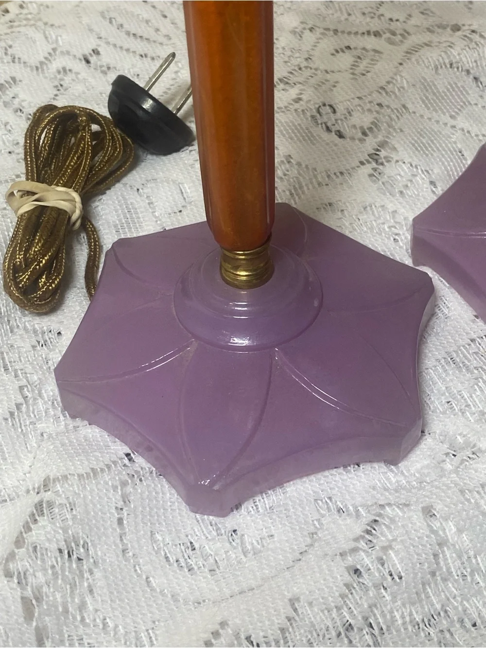 1930s Houze Glass Boudoir Lamps Pressed Glass Butterscotch Bakelite Set Art Deco